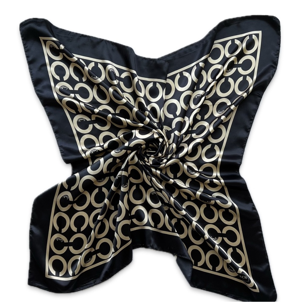 Coach Silk Scarf Black/Champagne Gold Op Art Signature C Monogram - Picture 4 of 11